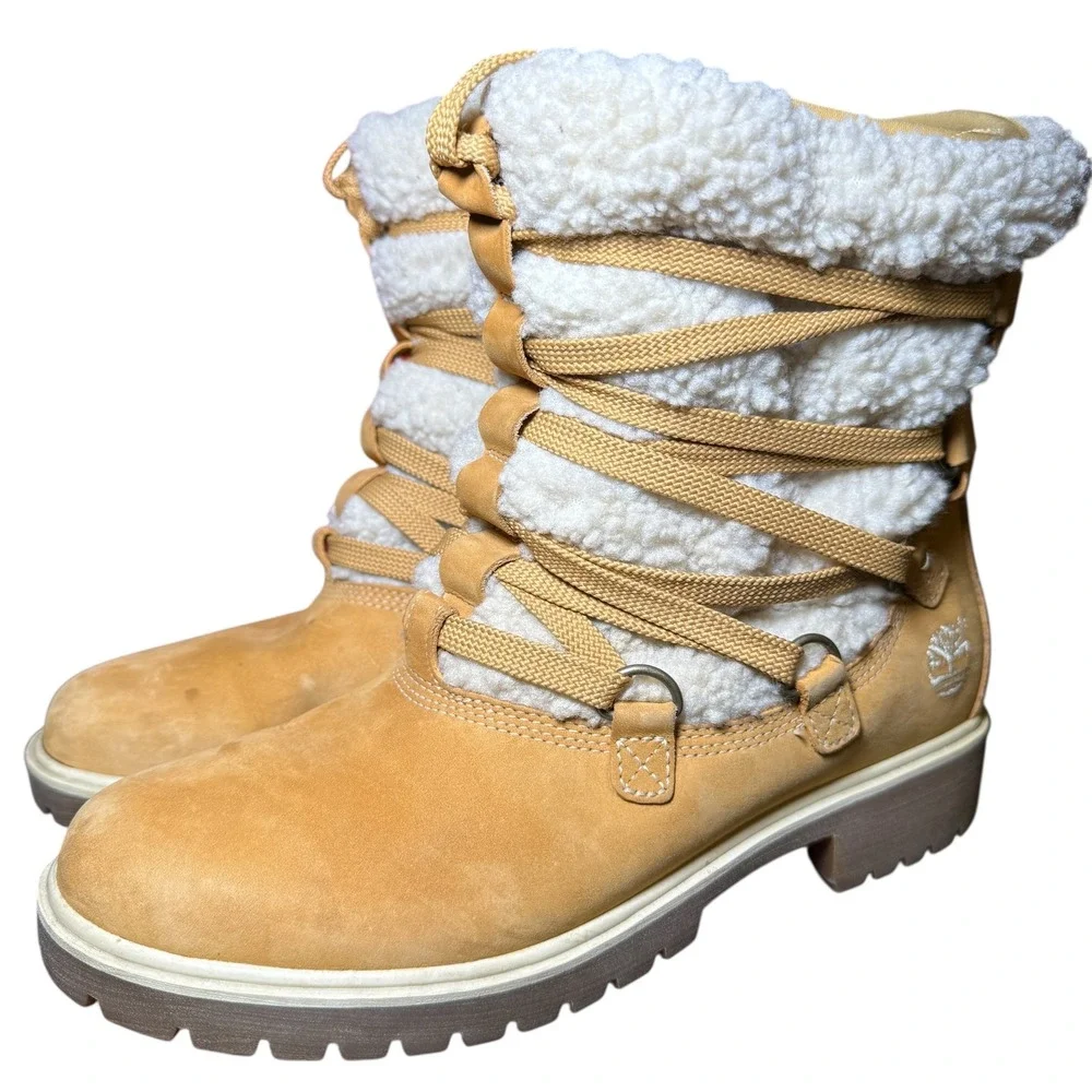 Timberland Women's Wheat Shearling Lace-Up Winter Boots Sz 8.5 Warm Fur Lined
